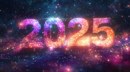 A radiant "2025" crafted from glowing cosmic particles, hovering amidst a vibrant purple nebula with stars and faint cosmic dust, illuminated by a distant galaxy, photorealistic, hd quality,