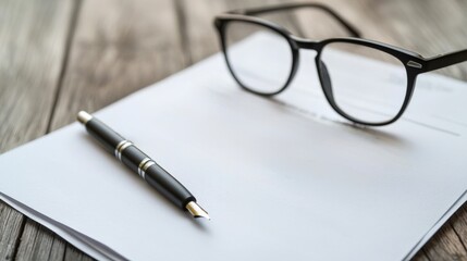 Fototapeta premium law restriction policy resources concept. Glasses and pen on a blank sheet of paper on a wooden surface.
