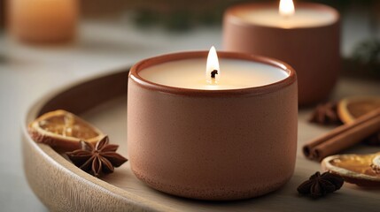 Cozy autumn candles, tray, spices, home decor