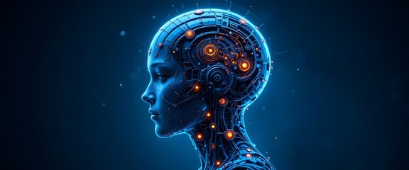 Futuristic Female Robot Head with Glowing Lights, AI Cybernetic Interface, Technology Concept, Dark Blue Background, High-Tech Design.