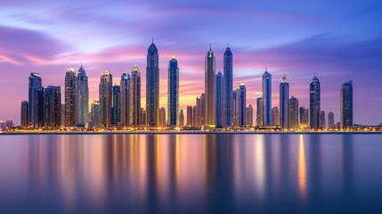 Fototapeta premium Sunset over Dubai skyline with illuminated skyscrapers reflecting
