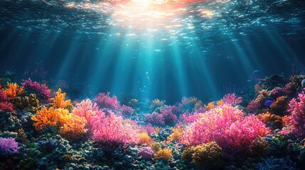 Vibrant coral reef teeming with life, illuminated by sun rays filtering through water surface