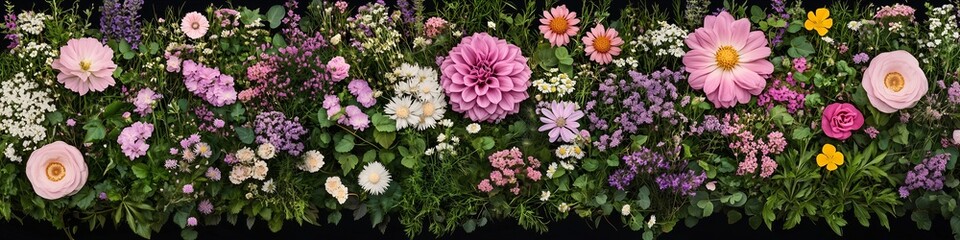 Fototapeta premium Row of colorful flowers on green grass. Perfect for nature, floral design, backgrounds, eco-friendly concepts, and botanical themes