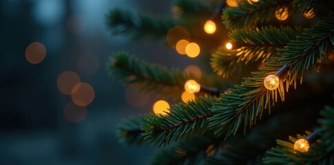 Sparkling holiday lights entwined in lush pine boughs , lights, Christmas
