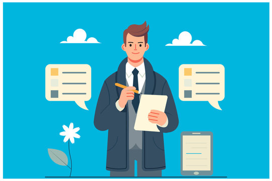 Gathering client requirements. Businessman documenting customer needs and expectations, ensuring project success. Requirements gathering, stakeholder management, and project planning concept.