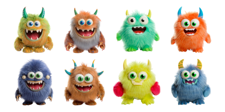 Colorful Plush Monsters with Big Eyes and Unique Expressions, isolated on transparent background