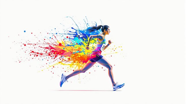 Woman running with vibrant paint splashes trailing behind, symbolizing energy and creativity, on a light background. Concept of speed and motivation. Ai generative