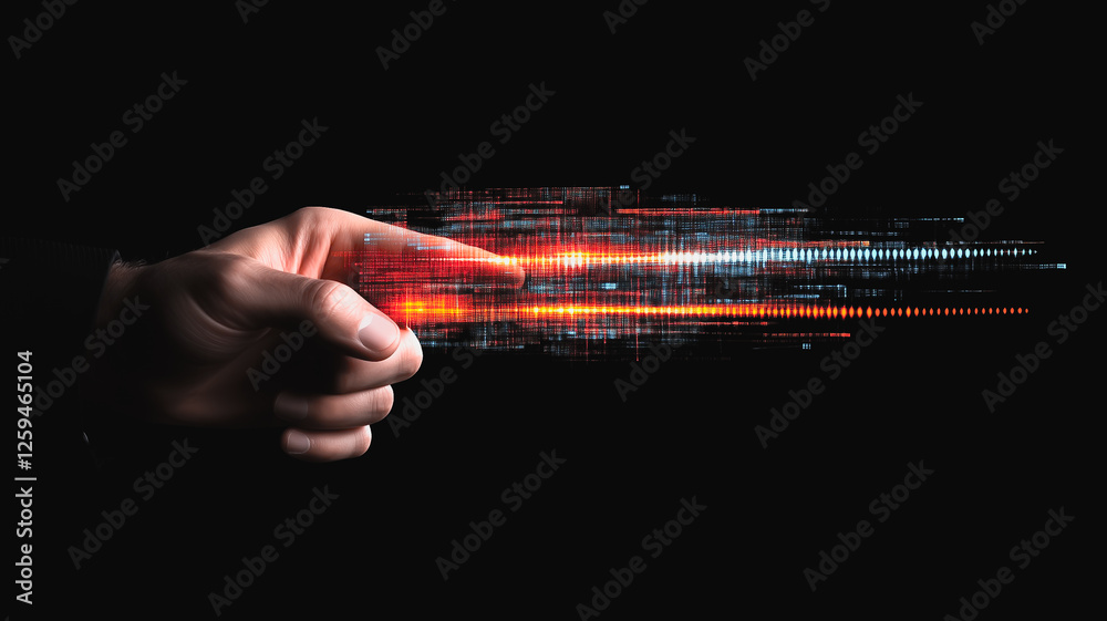 Poster digital trigger: a hand points towards the viewer, unleashing a fiery stream of binary code, symboli