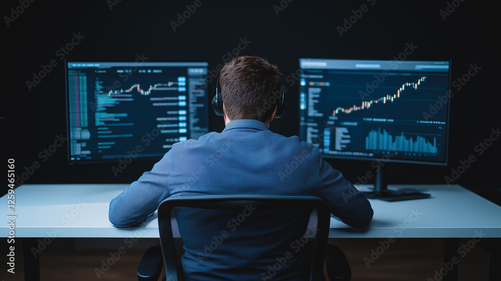 Poster night shift data analyst: a focused data analyst works late into the night, illuminated by the glow 