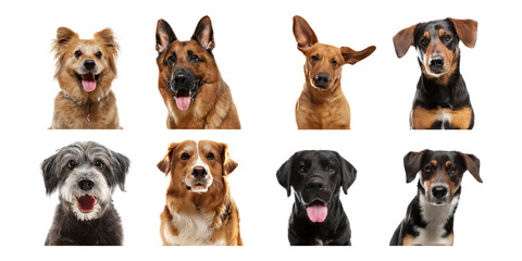 Obraz premium Happy Collection of Diverse Dog Breeds Portraits on White Background, isolated on transparent background
