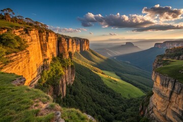 Vibrant Canyon Panorama: Sun-Drenched Sandstone Cliffs & Lush Valley Floor