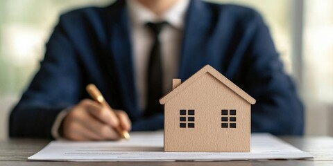 law restriction policy resources concept. Model holding a pen near a house model and paperwork.