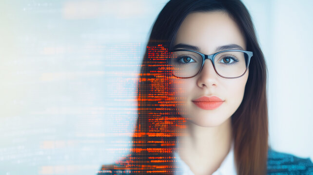 Visionary Woman and Code: A portrait of a focused young woman with glasses, overlaid with a dynamic stream of orange code, symbolizes innovation, technology, and the future of programming.
