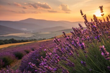 Obraz premium Miniature World: Enchanting Sunset Over a Vibrant Lavender Field, Tilt-Shift Photography