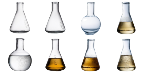 Assorted Laboratory Glassware with Various Liquids in Beakers, isolated on transparent background