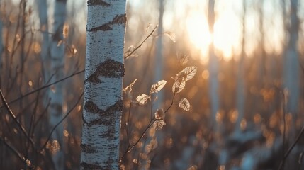 Sunlight filtering through birch trees in a serene forest