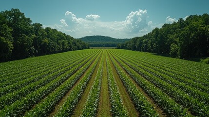 Lush green agricultural field with rows of crops under a bright blue sky and distant hills