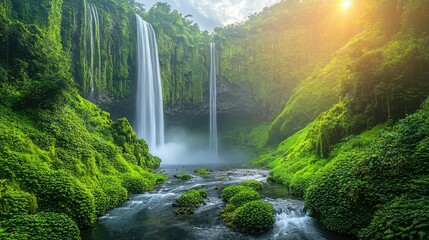 Majestic waterfalls cascading through lush green landscapes under a bright sky at sunset