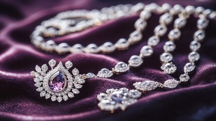 Fototapeta premium Elegant jewelry necklace displayed on rich purple fabric