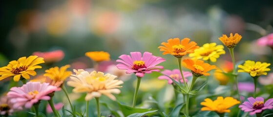 Obraz premium Vibrant Zinnia Garden Displaying a Spectrum of Colors in a Soft Bokeh Background