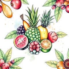 Tropical Watercolor Canvas with Mixed Media Fruit Sketch