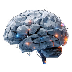 Abstract low poly brain symbolizing artificial intelligence isolated on a clean PNG background, featuring a modern geometric design, perfect for tech-related graphics, machine learning visuals, and sc