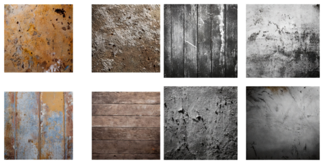 Diverse Textures of Weathered Surfaces for Creative Backgrounds, isolated on transparent background