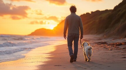 A person walking a dog along a sandy beach at sunset, with waves gently crashing in the background