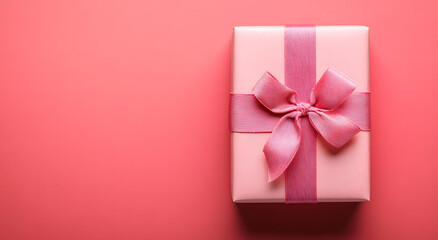 Fototapeta premium A Pink Gift Box with a Lovely Pink Ribbon Bow on a Coral Background