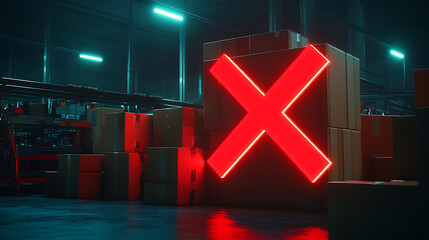 Red Neon Cross Sign Over Cardboard Boxes in a Dark Warehouse
