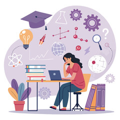 A girl working marketing and online seo services illustration vector ui design 