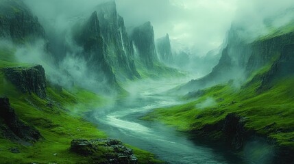 Serene misty valley with a winding river, surrounded by towering green mountains and fog
