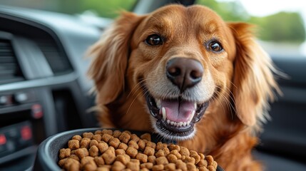 Happy golden retriever enjoying a meal in a car, with blurred scenery outside