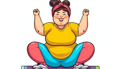 Confident plus size woman sitting on yoga mat, raising arms triumphantly, celebrating fitness milestone while embodying body positivity and wellness commitment