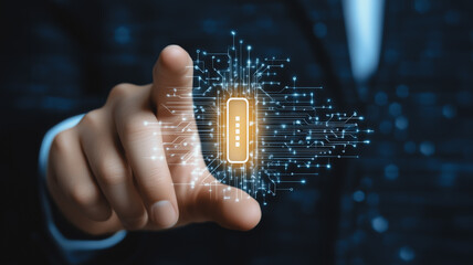 Digital Security Access: A hand reaches out, activating a glowing digital padlock icon, symbolizing cybersecurity, data protection, and secure access.