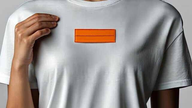 Close-up of a person holding a white shirt with an orange patch, studio setting