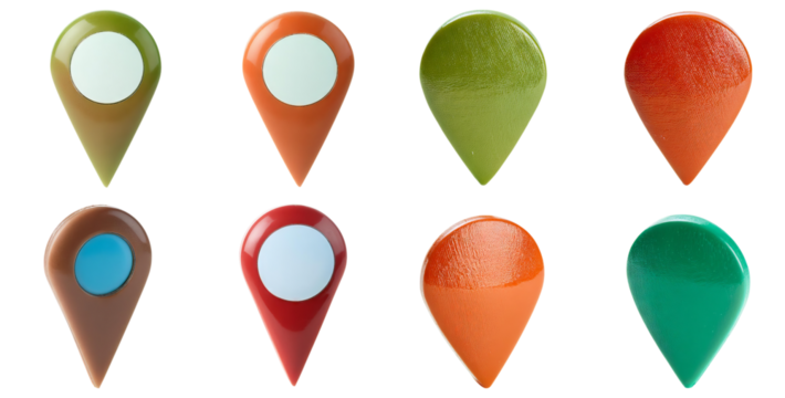 Variety of Colorful Map Pins in Different Shapes and Designs, isolated on transparent background