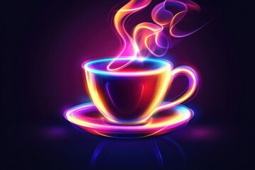 Neon glowing coffee cup, steam, dark background, energy drink ad