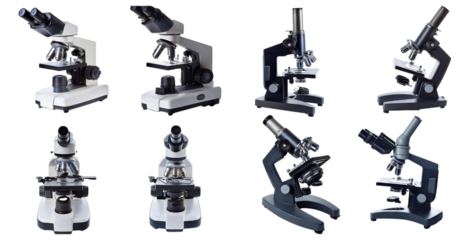 Collection of Laboratory Microscopes on a White Background, isolated on transparent background