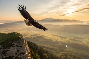 Naklejka premium Majestic Eagle Soaring Above Verdant Valley: Breathtaking Aerial Vista of Yahooing Flight