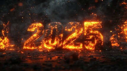 A blazing "2025" surrounded by raging flames and sparks, with intense fiery textures lighting up a dark, smoky backdrop, showcasing intricate details and dynamic energy, photorealistic, hd quality,