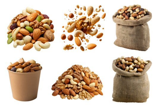 Mixed Mix of nuts, dry dried fruits, seed, burlap sack, paper bucket, drop flying isolated on transparent cutout, PNG. Mockup template for design. almonds, walnuts, hazelnuts, raisin, pistachio
