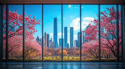 Vibrant spring view of a city skyline framed by blooming cherry blossoms in a park