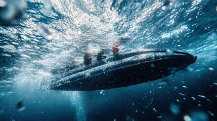 Naklejka premium Submerged Inflatable Boat in Deep Blue Water