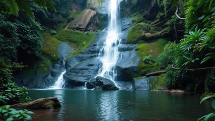 Dense foliage surrounds a tranquil pool of water at the base of a majestic waterfall cascading down a moss-covered rocky face, moss, serene