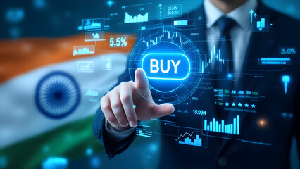 Businessman touching data analytics process system with KPI financial charts, dashboard of stock and marketing on virtual interface. With India flag in background.