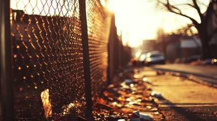 Sunlit street scene with litter and chain-link fence at dusk