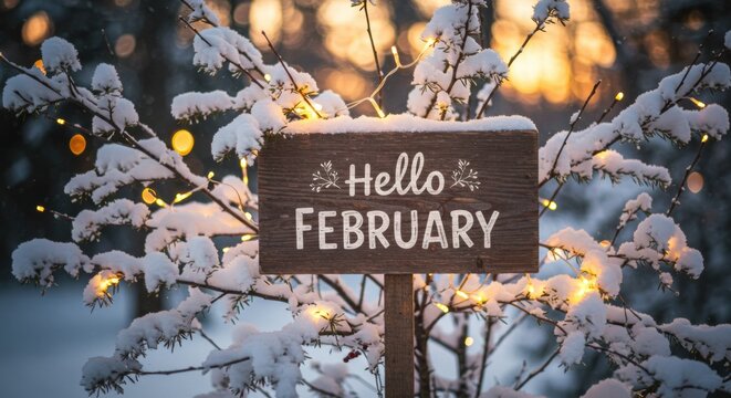 Hello February - Snowy Tree with Fairy Lights at Sunset