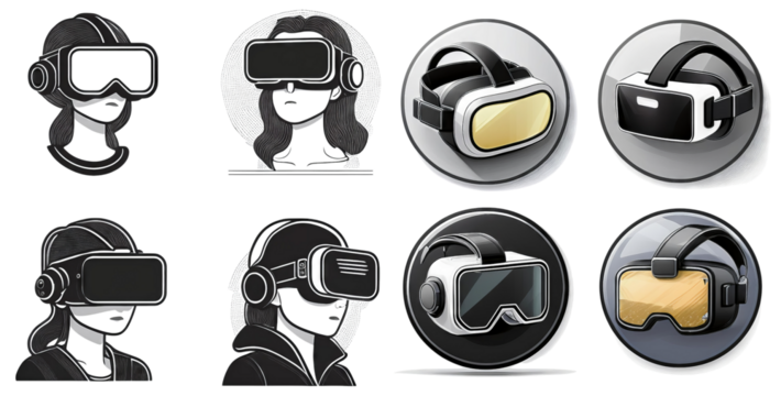Diverse Illustrations of Virtual Reality Headsets and Users, isolated on transparent background