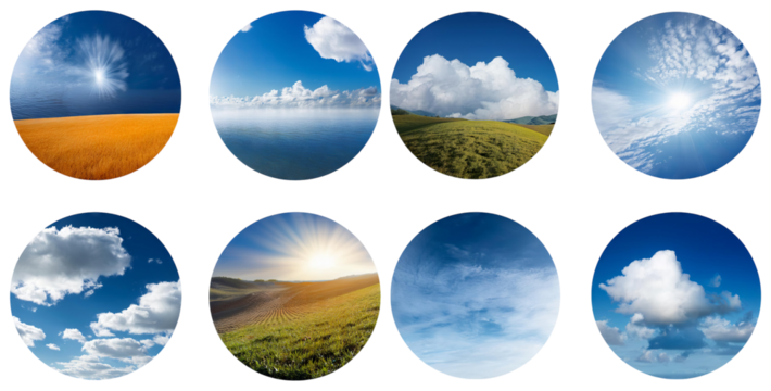 Diverse Natural Clouds and Skies Over Scenic Landscapes in Circles, isolated on transparent background